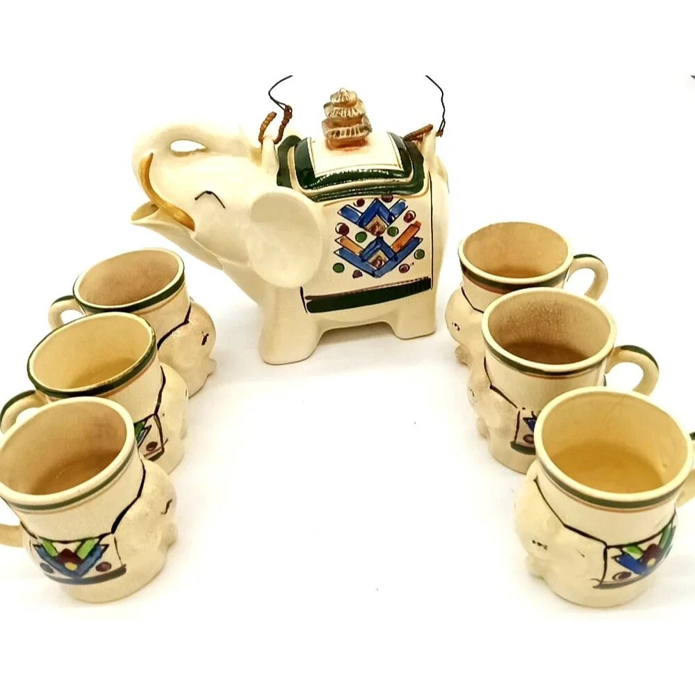 Vintage Japan Porcelain Elephant Hand Painted Pagota Teapot with 6 Matching Cups
